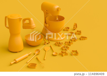 Electric kitchen appliances and utensils for making culinary on monochrome 114896409