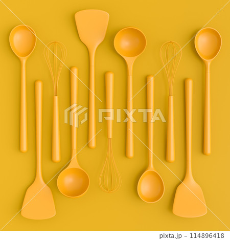 Wooden kitchen utensils, tools and equipment on yellow monochrome background. Wooden kitchen utensils, tools and equipment on yellow monochrome background. 114896418