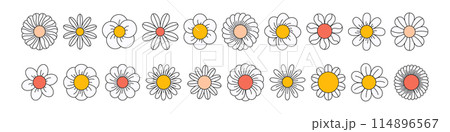 Retro flower with groovy daisy face and cute smile. 70s cartoon pattern with happy character. Psychedelic floral and hippy icon. Flat vector illustration isolated on white background. 114896567