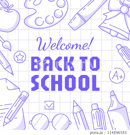 Welcome back to school, square poster, checkered background. Vector minimalist design, school supplies, stationery. Education, learning, knowledge concept. For social media, banner, flyer, card, post Welcome back to school, square poster, checkered background. Vector minimalist design, school supplies, stationery. Education, learning, knowledge concept. For social media, banner, flyer, card, post 114896583