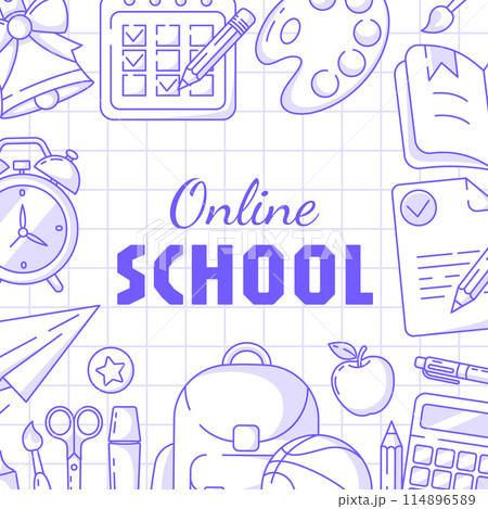 Online school, square poster, checkered background. Vector minimalist design with school supplies, stationery. Education, learning, knowledge concept. For social media, banner, flyer, card, post 114896589