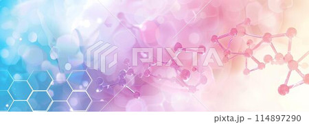 Abstract background with chemical structures and hexagons on pastel color gradient, concept of science technology research or medical Abstract background with chemical structures and hexagons on pastel color gradient, concept of science technology research or medical 114897290