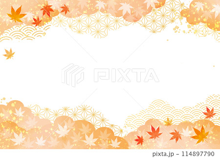 秋　紅葉　オレンジ　和柄　雲　水彩風　背景 114897790