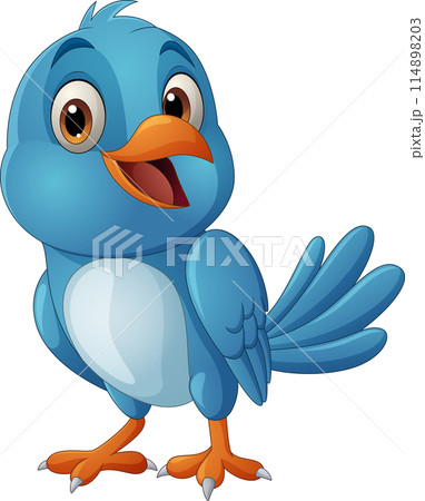 Cartoon happy blue bird standing against white background 114898203
