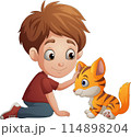 Cartoon boy strokes a kitten 114898204