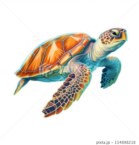 Turtle on the white background. Animal silhouette sketch. Hand drawn art illustration. Graphic for fabric ,tee-shirt, postcard, greeting card, logo, poster, sticker. Generated AI 114898218