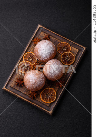 ドーナッツページ Round homemade cheese donuts glazed with citrusの写真素材