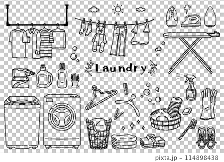 Laundry illustration set - hand-drawn black and white line drawings 114898438