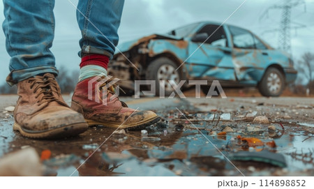 accident injuries with  Wounded in a bandage, crumpled car wreckage in the background Accident aftermath scene 114898852