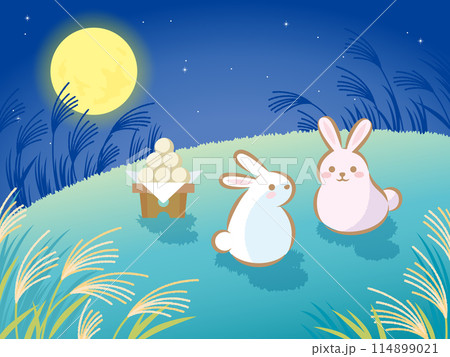 夜のススキ畑でお月見をする二匹のうさぎ（横） 114899021