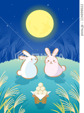 夜のススキ畑でお月見をする二匹のうさぎ(縦) 夜のススキ畑でお月見をする二匹のうさぎ(縦) 114899022