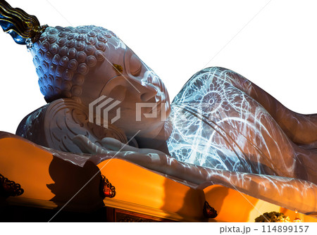 Nirvana white marble reclining Buddha, beautiful white background Nirvana white marble reclining Buddha, beautiful white background 114899157