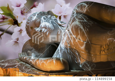 Nirvana white marble reclining Buddha, beautiful flower background. Nirvana white marble reclining Buddha, beautiful flower background. 114899158