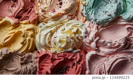 Ice cream with mixed flavors and colors offers a vibrant, enticing look. Ice cream with mixed flavors and colors offers a vibrant, enticing look. 114899225