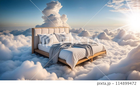 Close-up of a Soft Bed Floating Above the Fluffy Clouds - Generative Ai Close-up of a Soft Bed Floating Above the Fluffy Clouds - Generative Ai 114899472