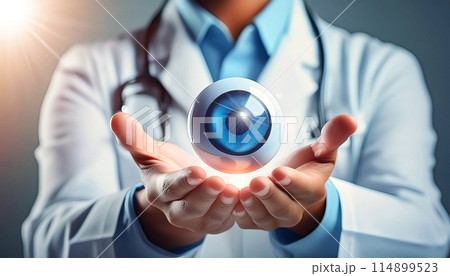 Cupped Hands of an Ophthalmologist Holding an Eye or Eyeball - Generative Ai 114899523