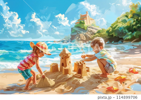 Happy children having fun playing with sand on the beach 114899706