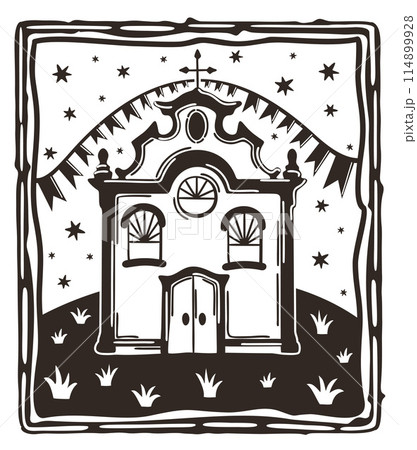 Festa Junina in Brazil. Cordel woodcut style. Church, starry sky, party flags and plants 114899928