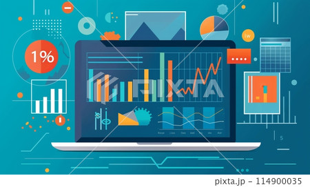 Online Investment: Laptop with tools & data for easy investing through fintech. 114900035