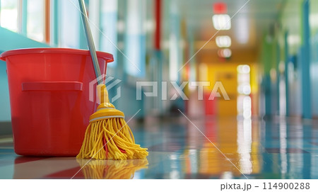 Mop and bucket set in front of an empty school, with a blurred background for focus. Mop and bucket set in front of an empty school, with a blurred background for focus. 114900288