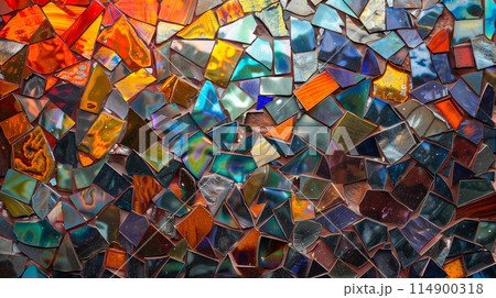Vibrant mosaic tile centerpiece with matching fragments in abstract patterns. 114900318