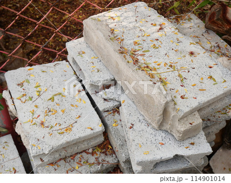 Cement brick blocks with fallen flower petals	 114901014
