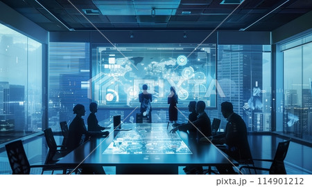 Tech firm's room features large interactive display and top meeting tools for innovation. 114901212