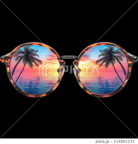 Sunglasses with Reflection of Tropical Paradise Beach on it, Png Mockup Isolated on Transparent Background 114901235