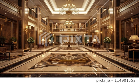 Elegant hotel lobby with grand chandelier and luxurious decor showcases sophistication. Elegant hotel lobby with grand chandelier and luxurious decor showcases sophistication. 114901358