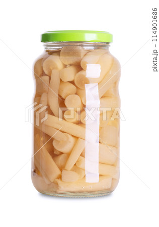 Salsify, pickled in a glass jar with screw cap. Peeled Spanish or black salsify, a root vegetable, pasteurized and preserved in a brine of water, vinegar and salt. Close-up, front view, food photo. 114901686