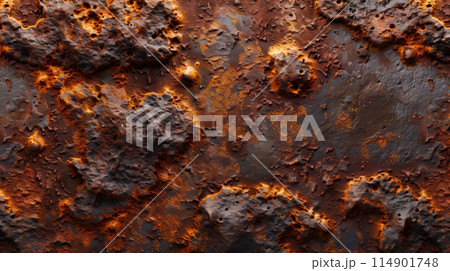 Close-up of rusty metal with detailed orange and brown corrosion texture, showcasing rust's beauty. 114901748