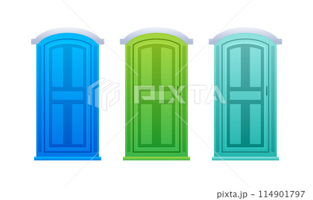 Public bio toilet. Mobile portable plastic toilet used in public places. Restroom movable WC. Public bio toilet. Mobile portable plastic toilet used in public places. Restroom movable WC. 114901797