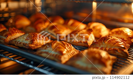 Baking golden-brown apple turnovers: a cinematic nod to food photography. Baking golden-brown apple turnovers: a cinematic nod to food photography. 114902112