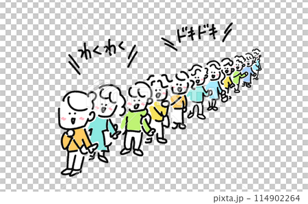 漫画風　笑顔で行列に並ぶ人々　わくわく　ドキドキ　楽しみ　シンプルで可愛い線画イラスト 114902264
