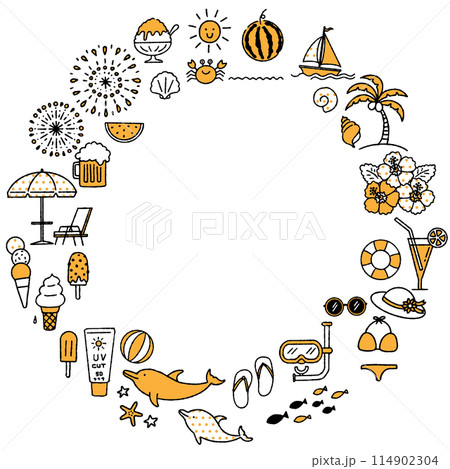 シンプルでかわいい夏のイラストの円形フレーム（2色） 114902304