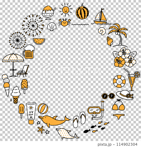 シンプルでかわいい夏のイラストの円形フレーム（2色） 114902304