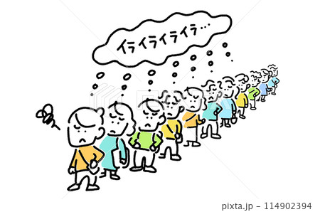 漫画風　行列に並ぶ人々　イライラ　待ち時間　ストレス　シンプルで可愛い線画イラスト 114902394