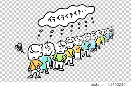 漫画風　行列に並ぶ人々　イライラ　待ち時間　ストレス　シンプルで可愛い線画イラスト 114902394