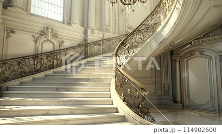 Stunning photo of an elegant grand staircase with marble steps and chandelier. 114902600