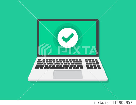 Laptop icon in flat style. Computer vector illustration on isolated background. Approved check mark sign business concept. 114902957