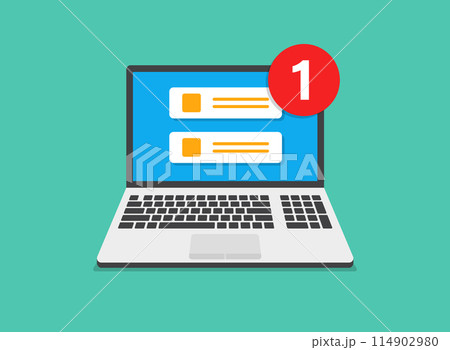 Laptop notification icon in flat style. Computer vector illustration on isolated background. Reminder message sign business concept. 114902980