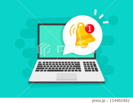 Laptop notification icon in flat style. Computer vector illustration on isolated background. Reminder message sign business concept. 114902982