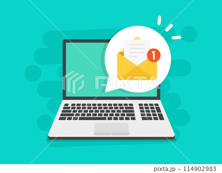 Laptop with envelope icon in flat style. Computer vector illustration on isolated background. Email notification sign business concept. 114902983