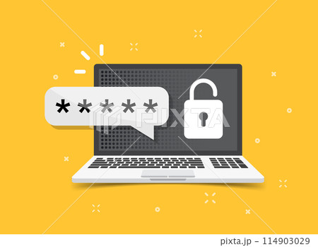 Laptop with account login icon in flat style. Password form page vector illustration on isolated background. User authorization sign business concept. 114903029