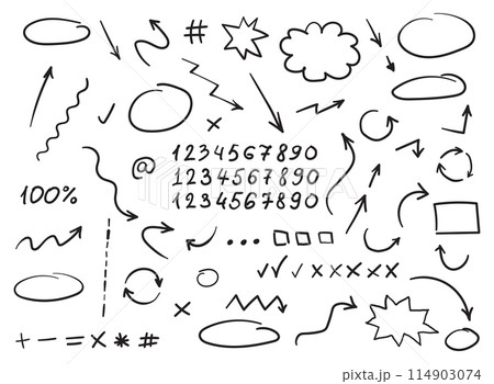 Arrow circles and abstract doodle icon in hand drawn style. Number vector illustration on isolated background. Letters, arrows sign business concept. 114903074