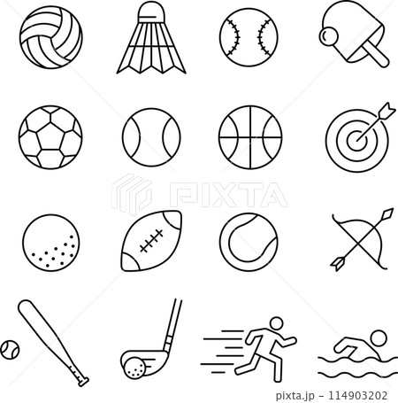 モノクロの球技などのスポーツに関する線画アイコンセット 114903202