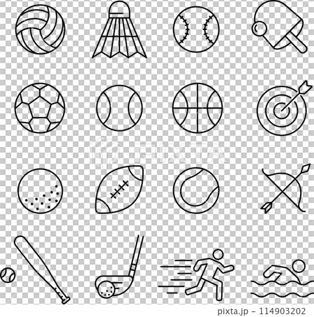 モノクロの球技などのスポーツに関する線画アイコンセット 114903202