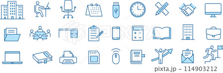 青2色のオフィスに関する線画アイコンセット 114903212