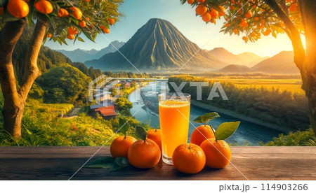 自然豊かな風景とみかん・オレンジジュース 自然豊かな風景とみかん・オレンジジュース 114903266