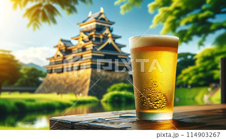 夕日に照らされた冷えたビールとお城 114903267